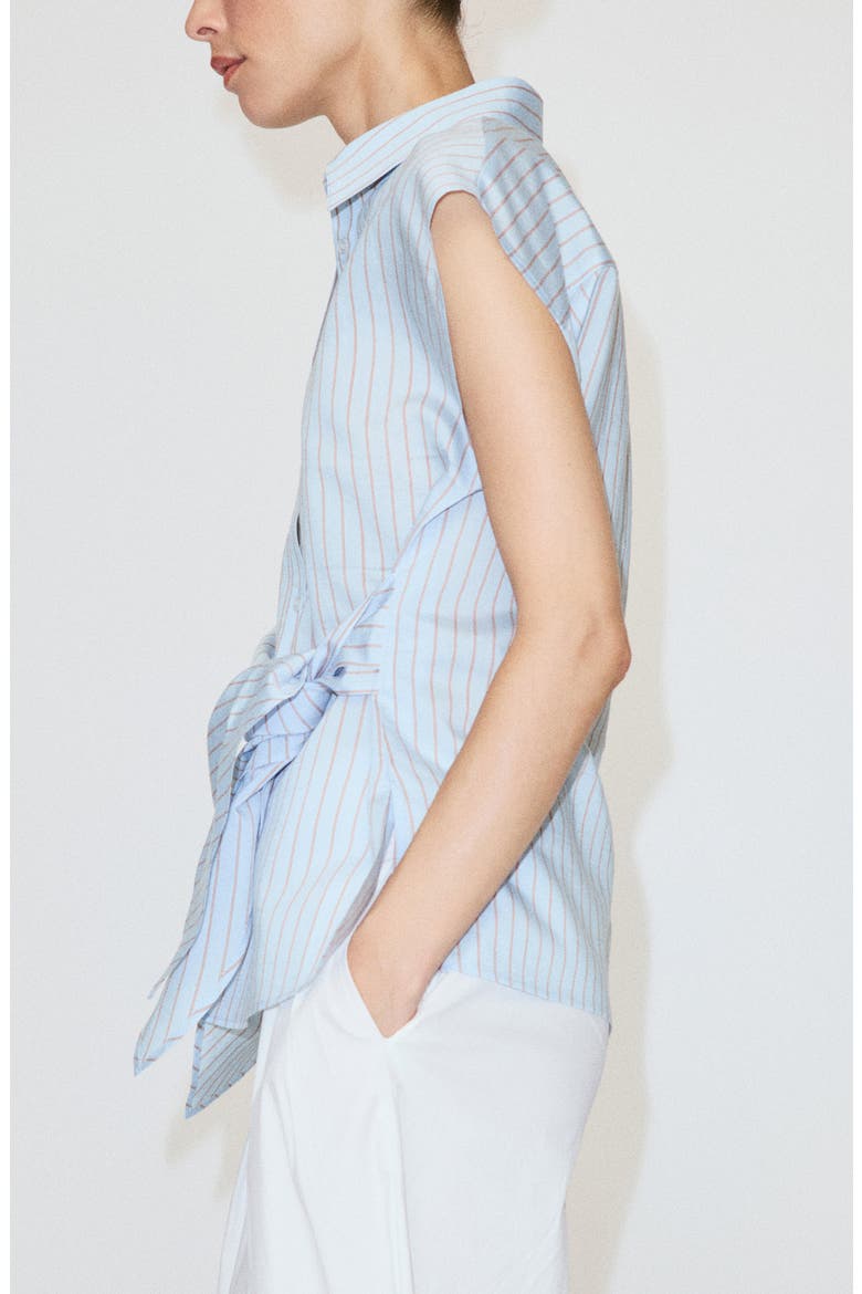Knotted Stripe Cap Sleeve Button-Up Shirt, Alternate, color, SKY BLUE