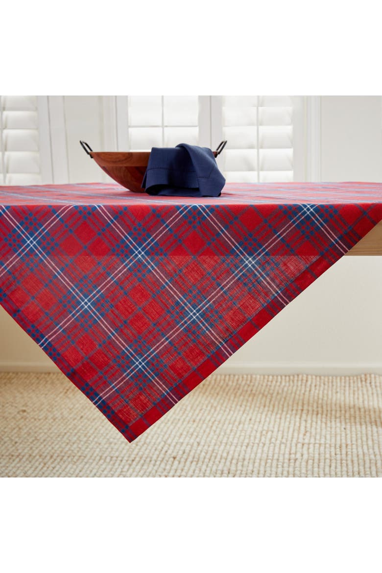 Linen Table Throw 52 x 52 Inch - Red Tartan Plaid, Main, color, Red and Navy