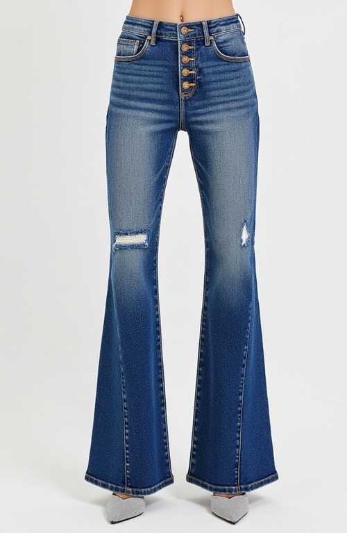 Modenaire High Rise Flare Jeans With Button Fly And Distressed Detail In Deep Indigo