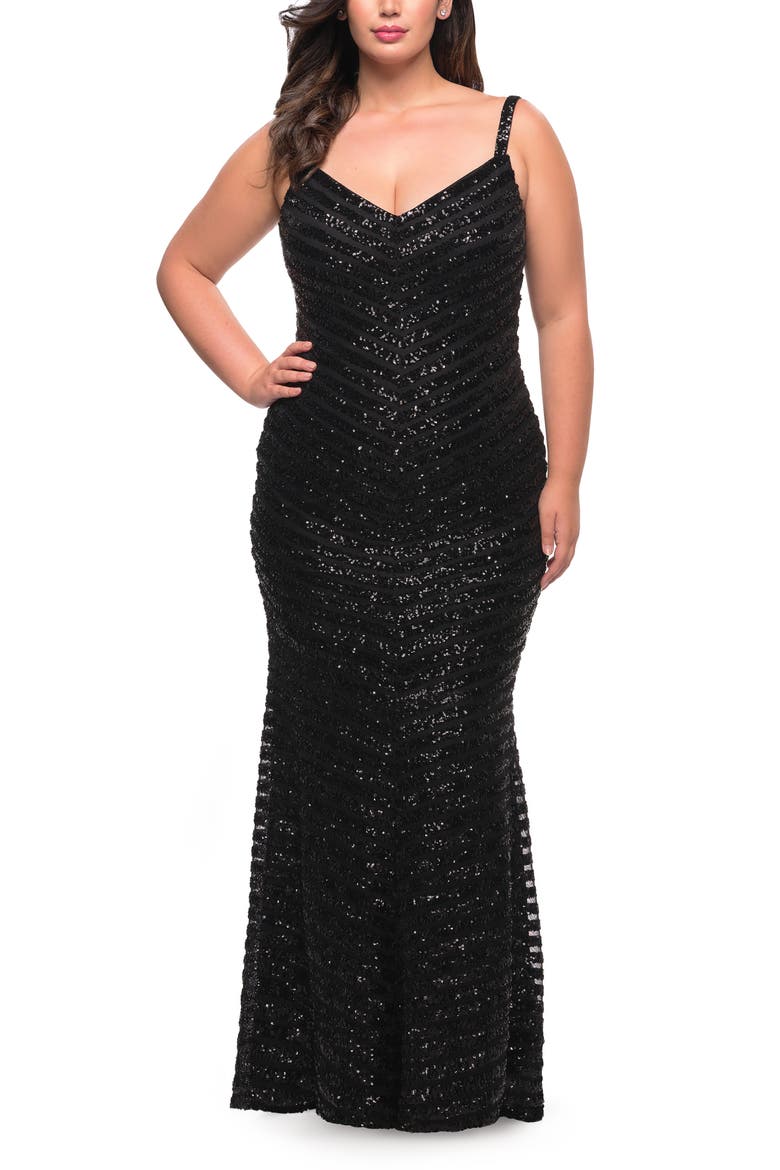 Thick Line Sequin Print Plus Size Gown with V-Neck, Alternate, color, Black