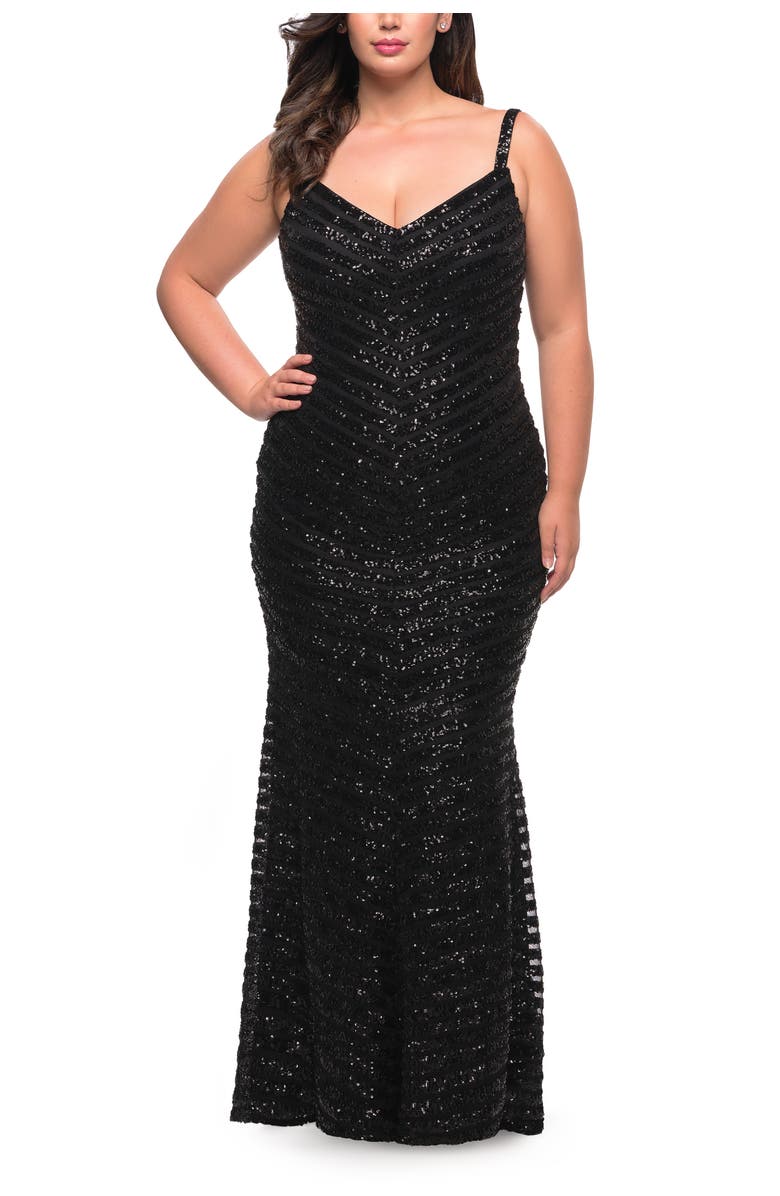 La Femme Thick Line Sequin Print Plus Size Gown with V-Neck, Alternate, color, Black