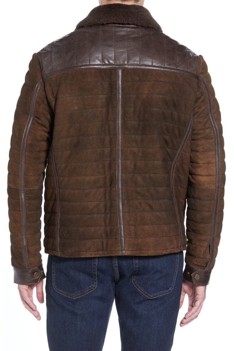Genuine Shearling Trim Leather Bomber Jacket, Alternate, color, BROWN