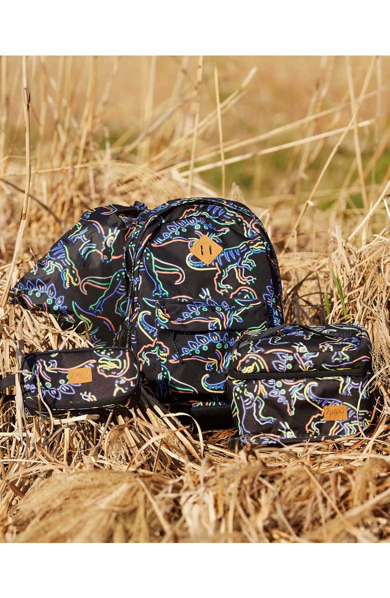 Deux par Deux Boy's Drawstring Bag Black Printed Neon Dino, Alternate, color,