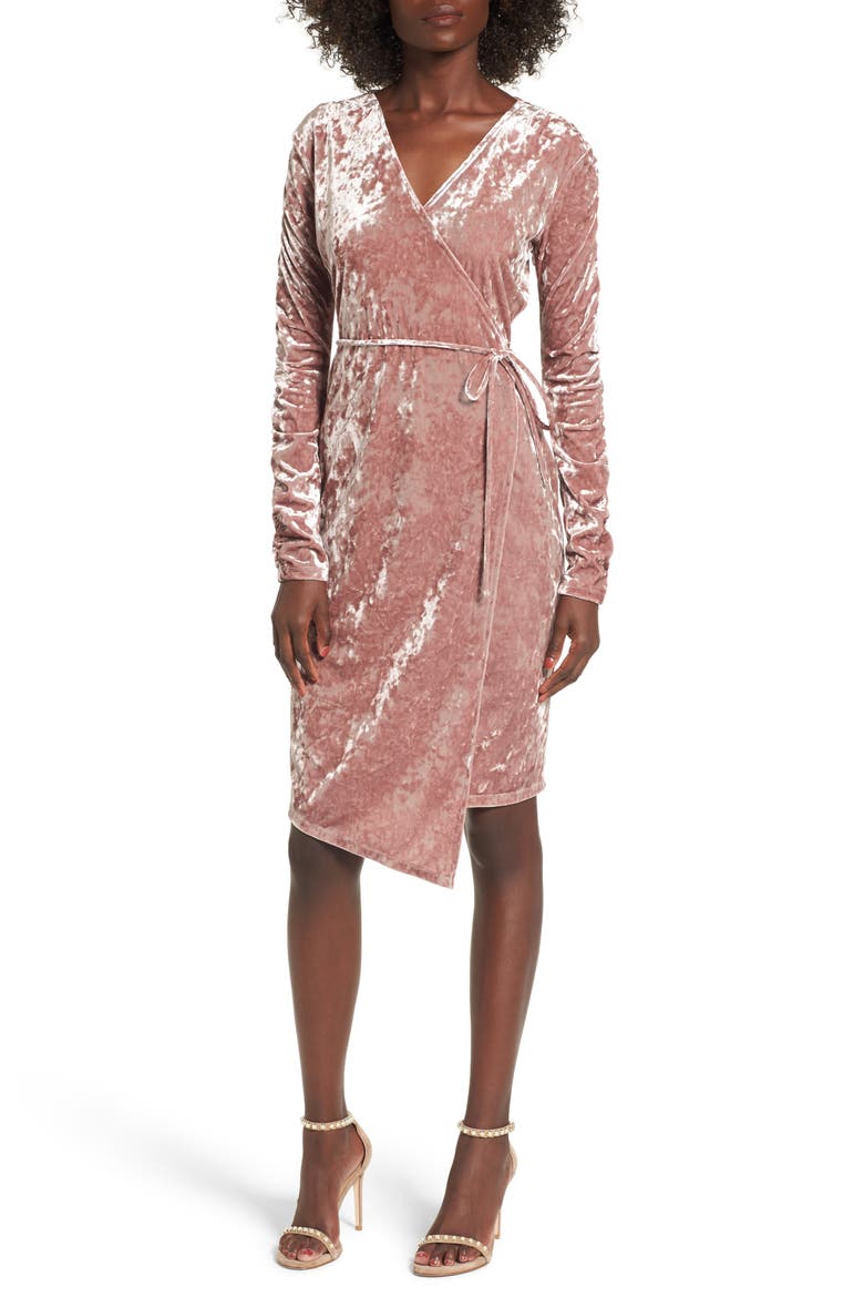 Ruched Velour Wrap Dress, Alternate, color, PINK ADOBE