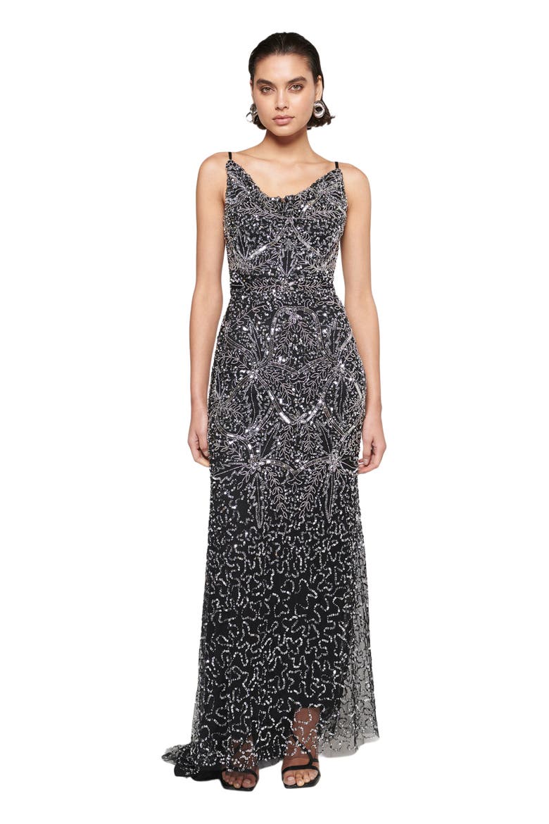 Occasion Embellished Sequin Beaded Cowl Neck Evening Dress, Main, color, BLACK