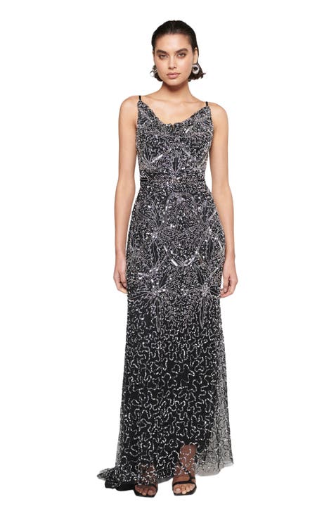 Occasion Embellished Sequin Beaded Cowl Neck Evening Dress