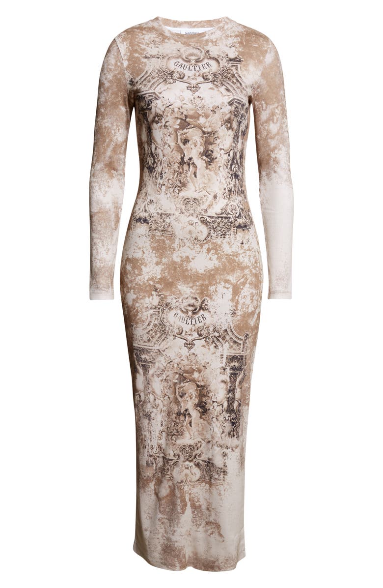 Jean Paul Gaultier Medallion Print Long Sleeve Mesh Body-Con Dress, Alternate, color, Light Beige/ Taupe