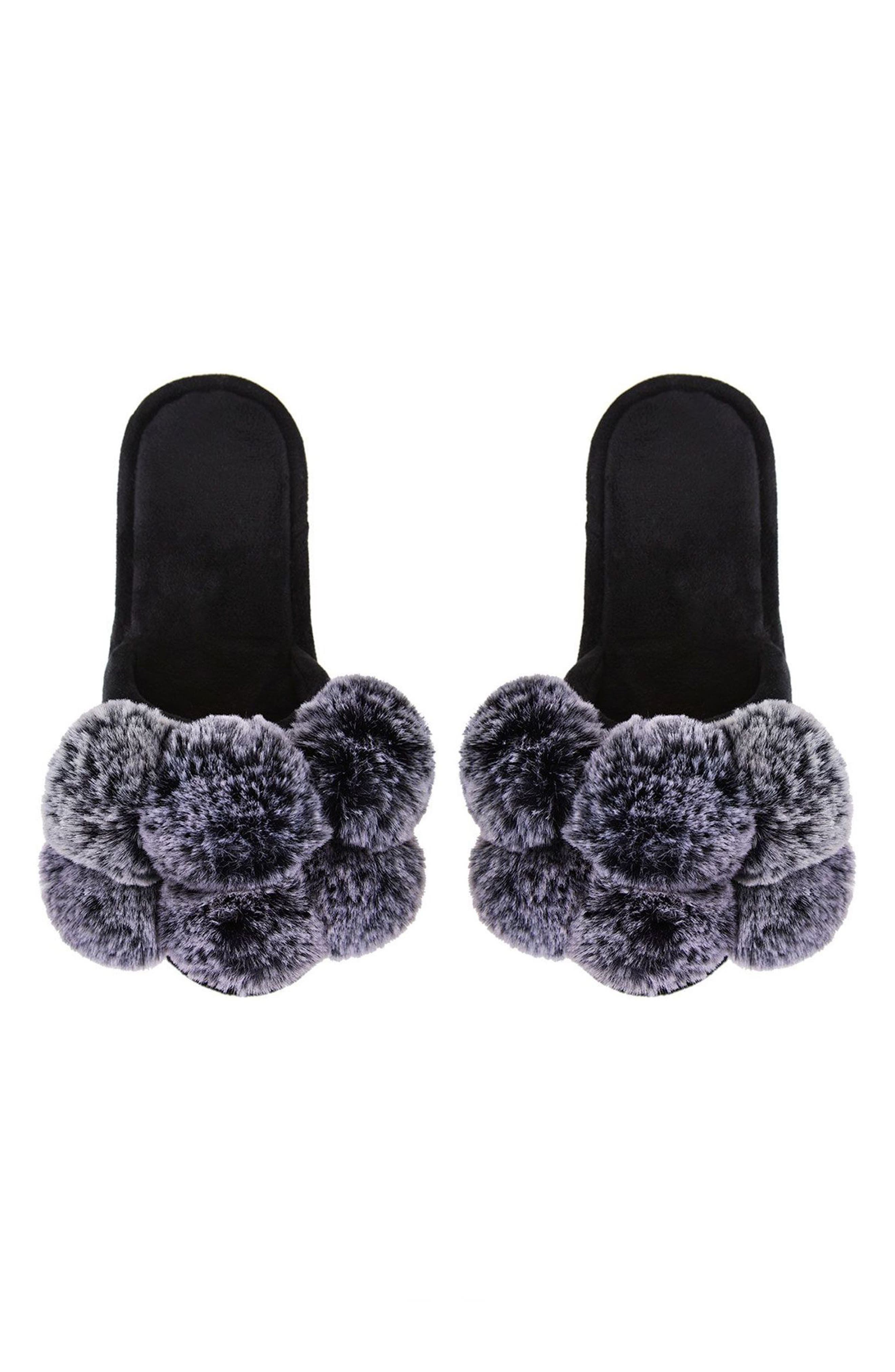 Luxe Faux Fur Pom Memory Foam Slipper, Alternate, color, BLACK