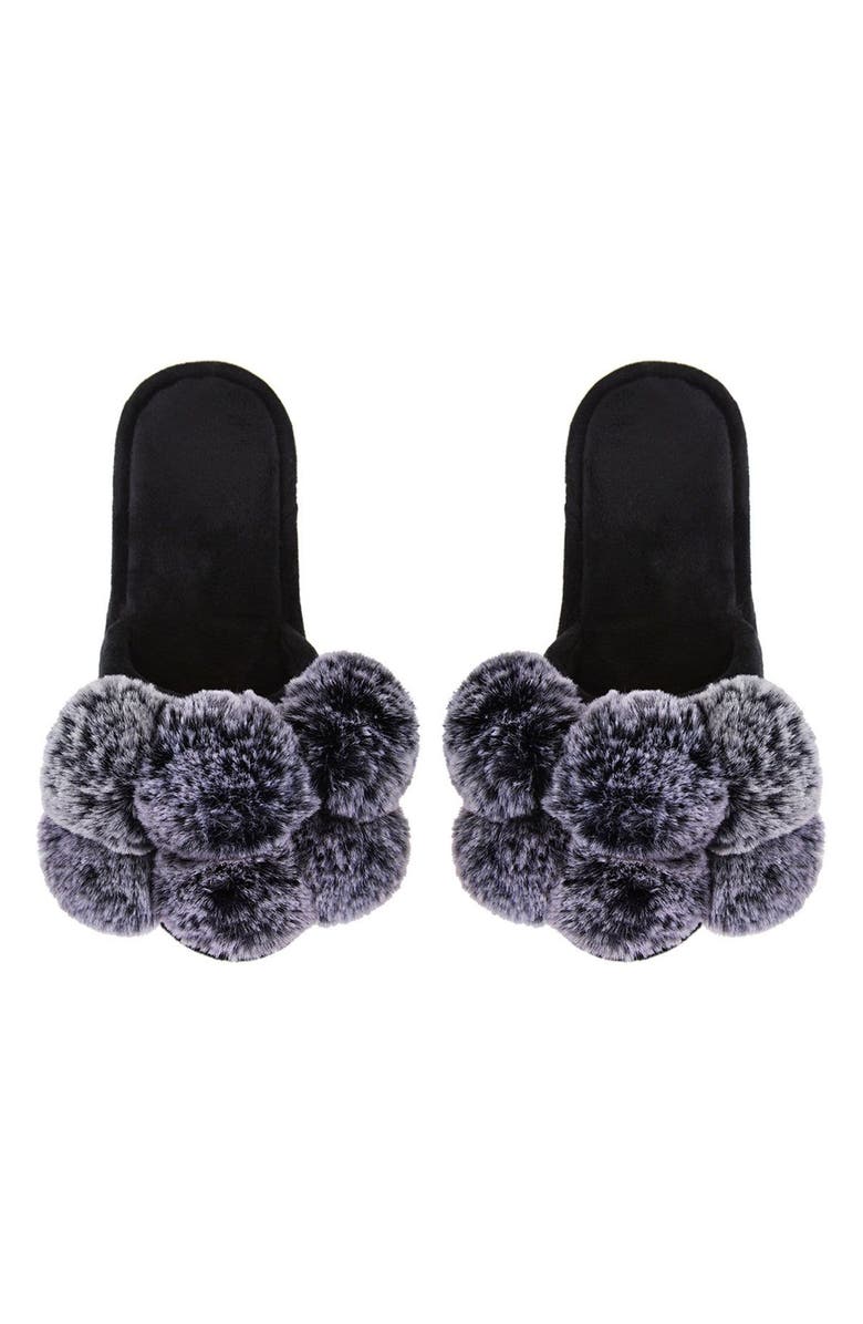 MeMoi Luxe Faux Fur Pom Memory Foam Slipper, Alternate, color, Black