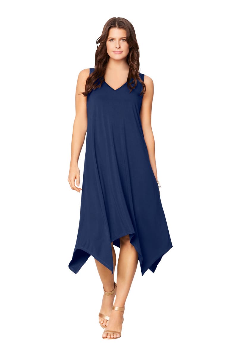 Roaman's Plus Size Stretch Knit Mid Length Sleeveless Swing Dress, Main, color, Evening Blue