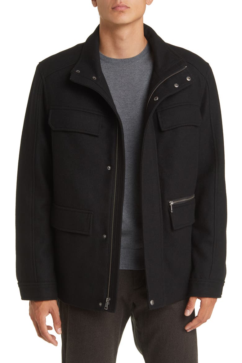 Melton Wool Blend Field Coat, Main, color, BLACK