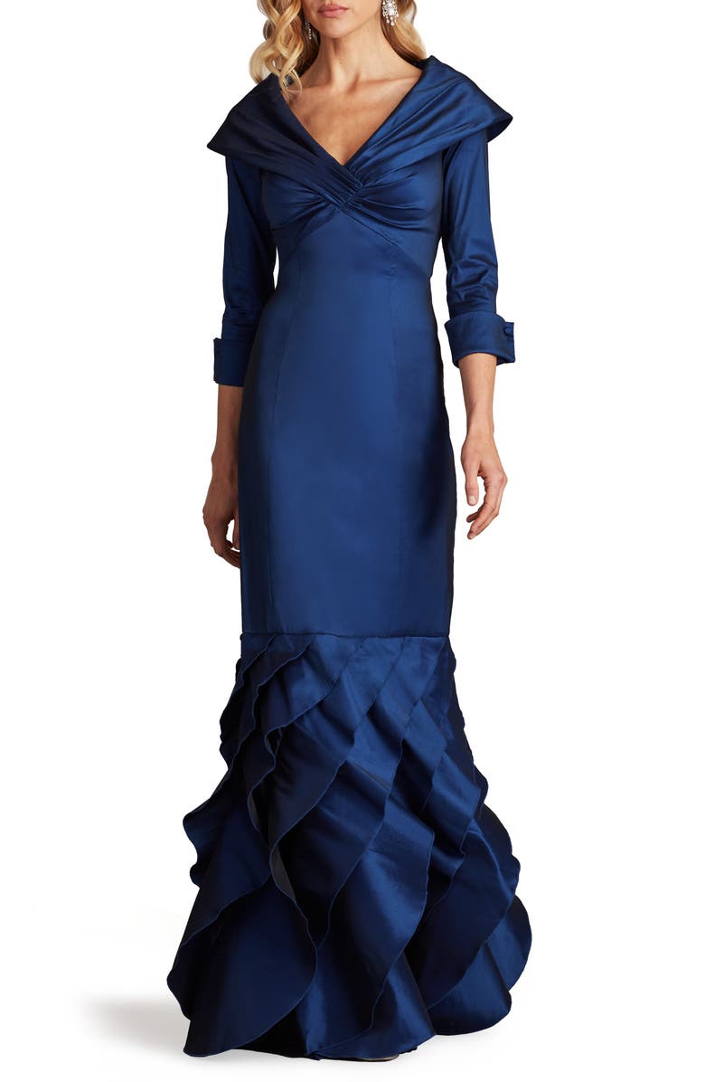 Tadashi Shoji Ruffle Detail Fit & Flare Taffeta Gown, Alternate, color, Navy