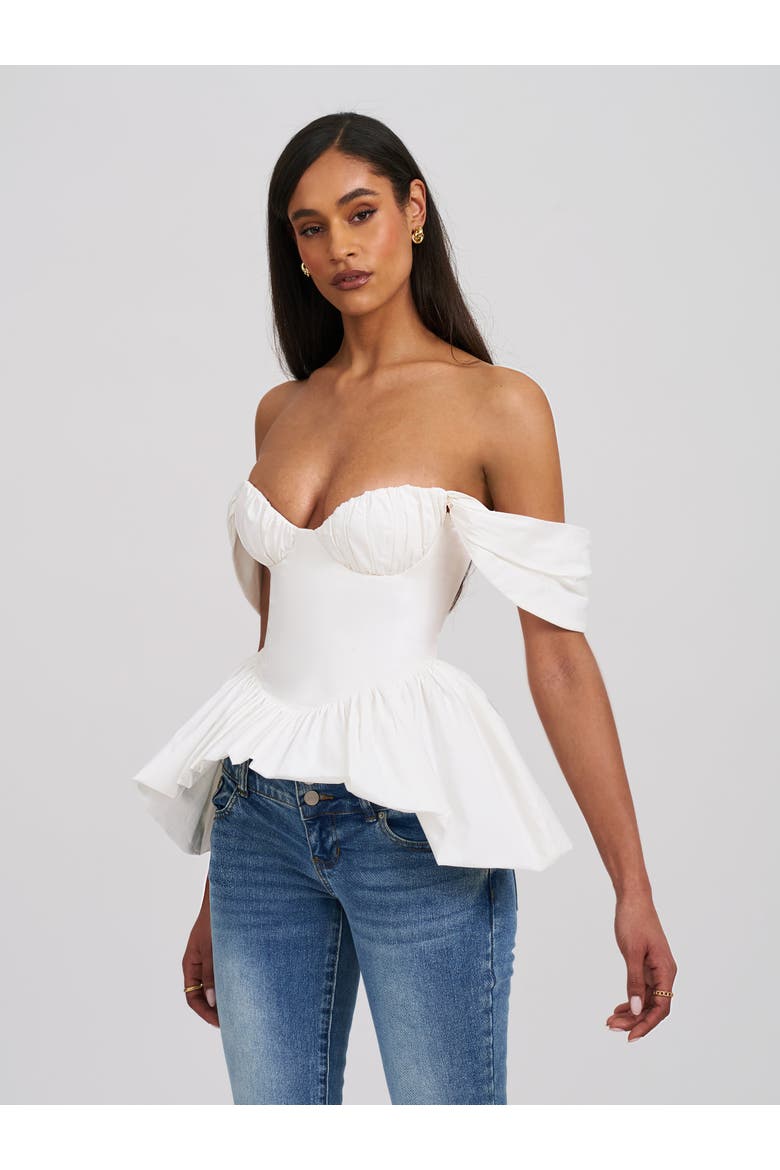 Qistina Off-shoulder Bubble Hem Peplum Cotton Top, Alternate, color, White