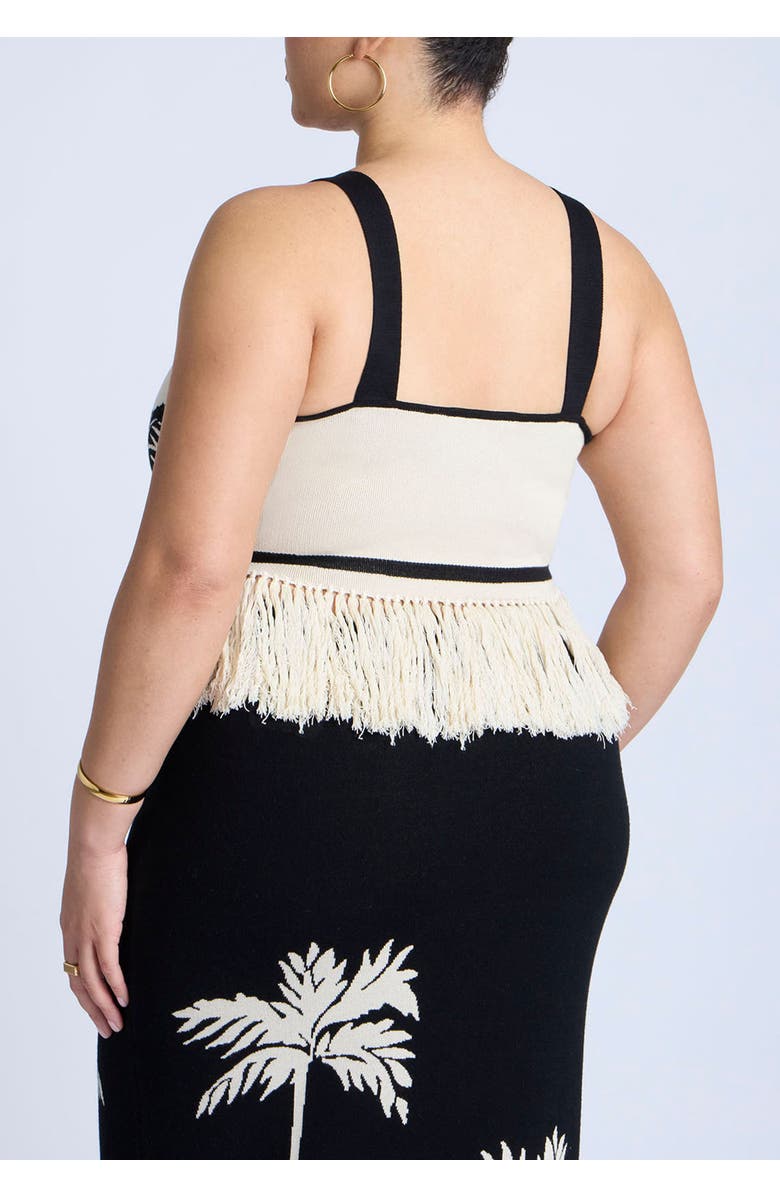 ELOQUII Fringe Crop Top, Alternate, color, Black White Trio Palm
