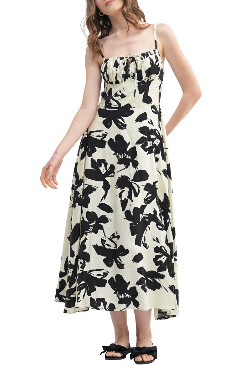 Floral Tie Keyhole A-Line Midi Dress, Main, color, IVORY BLACK