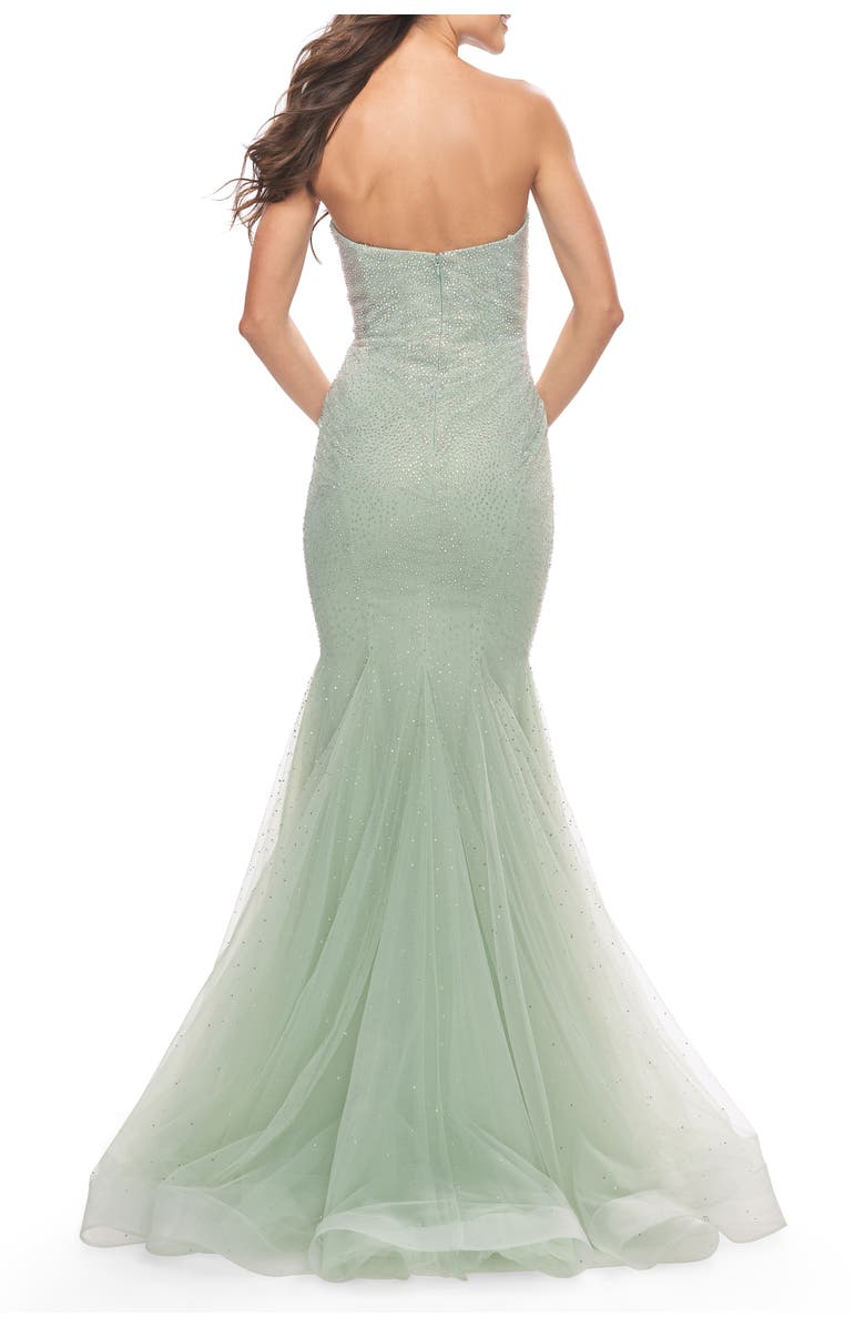 La Femme Rhinestone Mermaid Prom Dress with Sweetheart Neckline, Alternate, color, Sage
