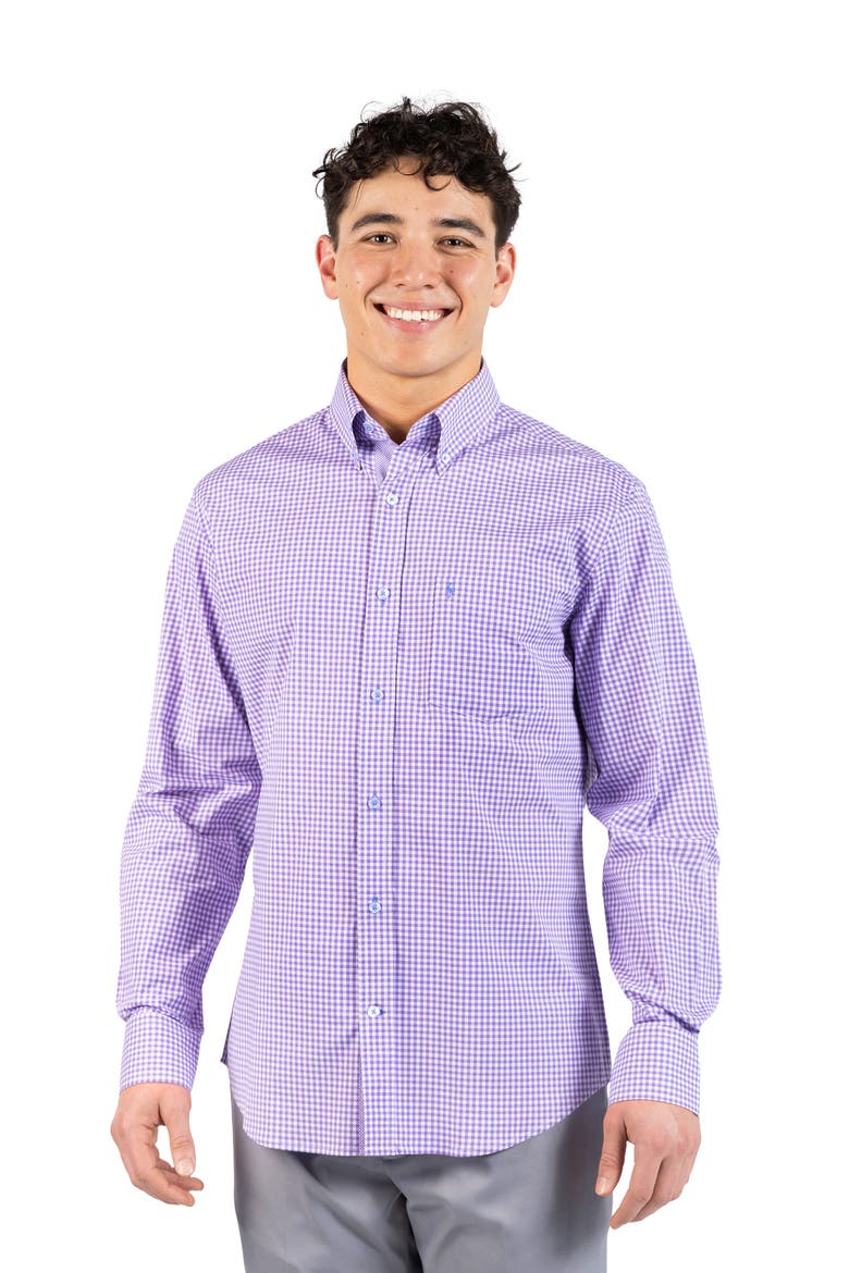 Gingham Stretch Cotton Button-Up Shirt, Alternate, color, LILAC