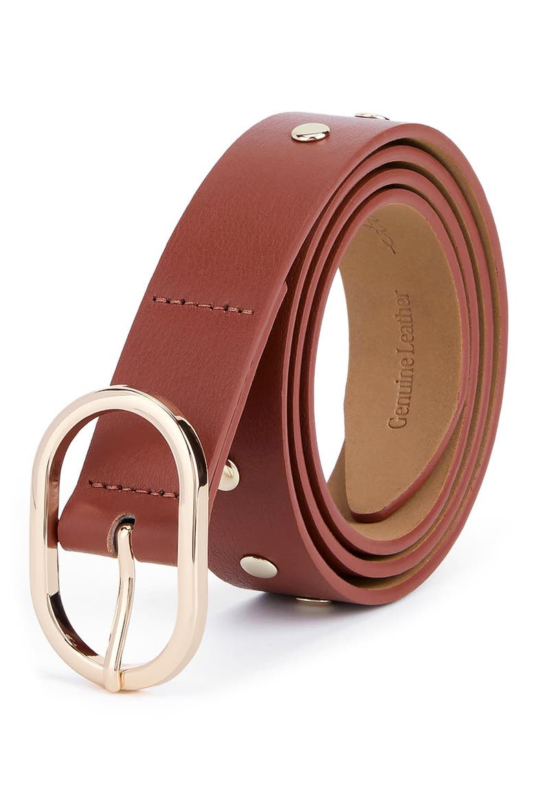 Stud Leather Belt, Alternate, color, COGNAC