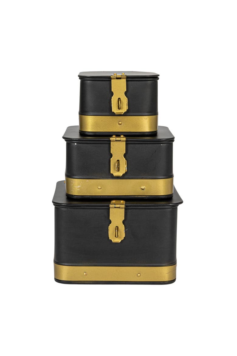 Decorative Metal Boxes with Lid, Black with Gold Band, Set of 3, Alternate, color, Black