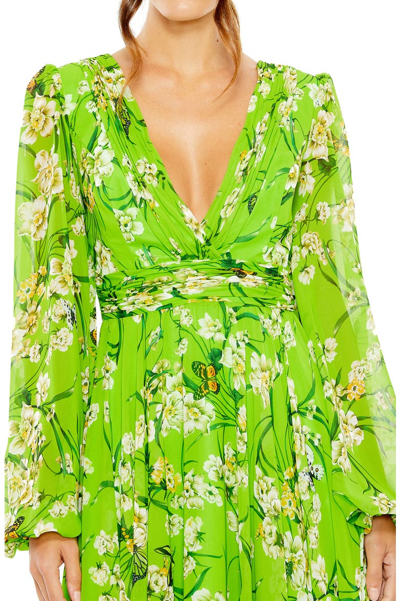 Puff Sleeve Floral Chiffon Gown, Alternate, color, GREEN MULTI