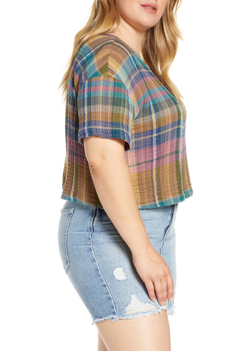 BP. Plaid Woven Crop Tee, Alternate, color,