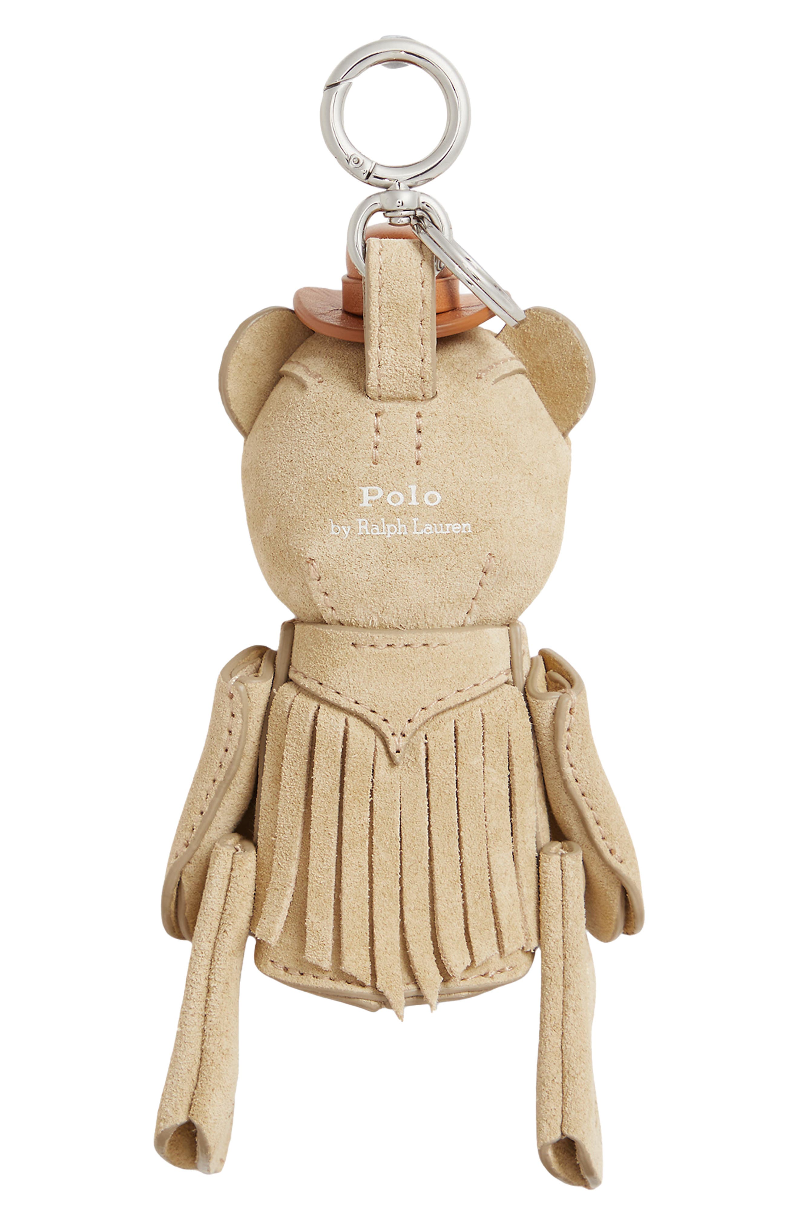 Polo Bear Fringed Suede Bag Charm, Alternate, color, CASHEW