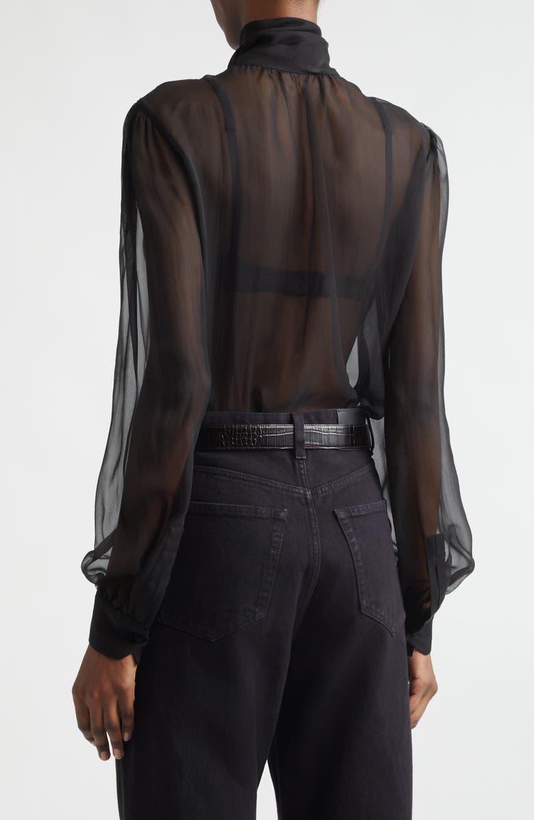 Saint Laurent Sheer Silk Chiffon Tie Neck Shirt, Alternate, color, Noir