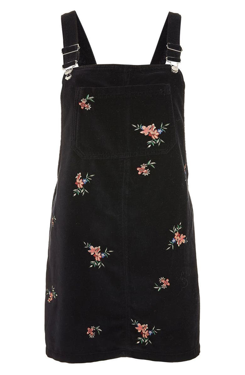 Topshop Embroidered Velvet Pinafore Dress, Alternate, color,