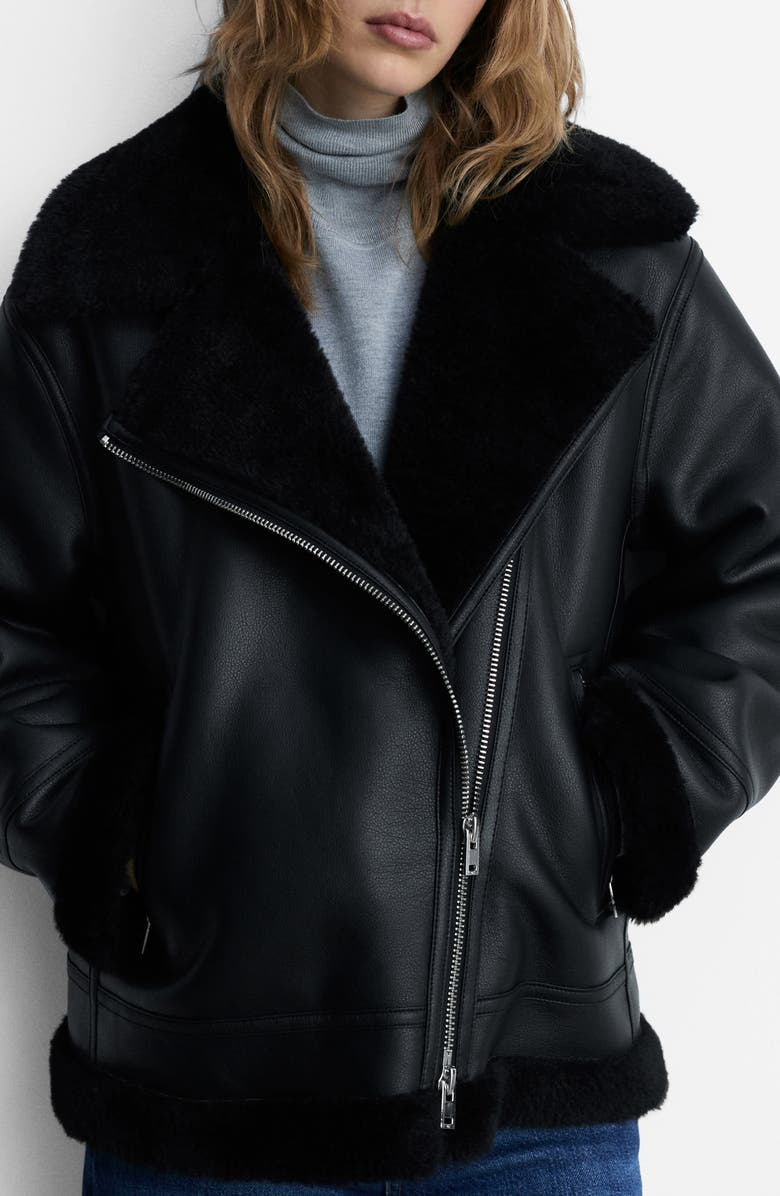 MANGO Faux Leather & Faux Shearling Moto Jacket, Main, color, Black