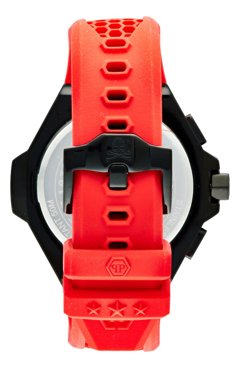 PHILIPP PLEIN Three Hand Quartz Chronograph Silicone Strap Watch, 46mm, Alternate, color, Ip Black