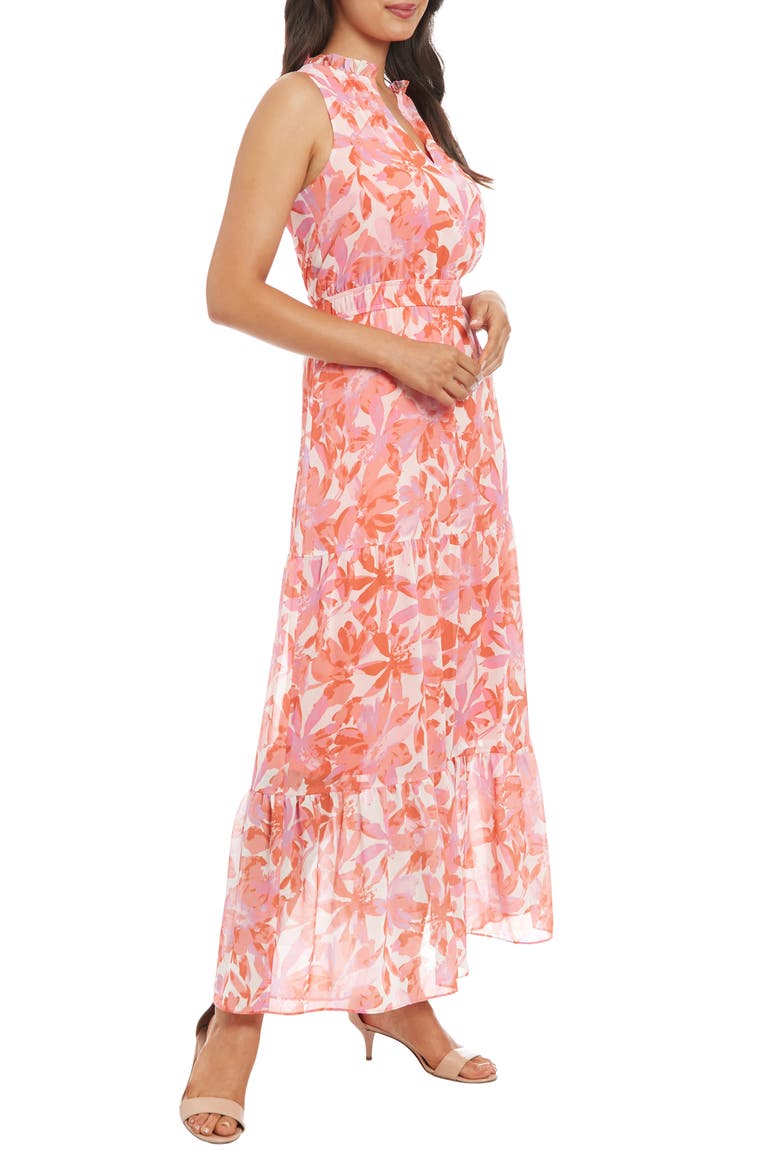 Floral Sleeveless Tiered Chiffon Maxi Dress, Alternate, color, WHITE/ CORAL