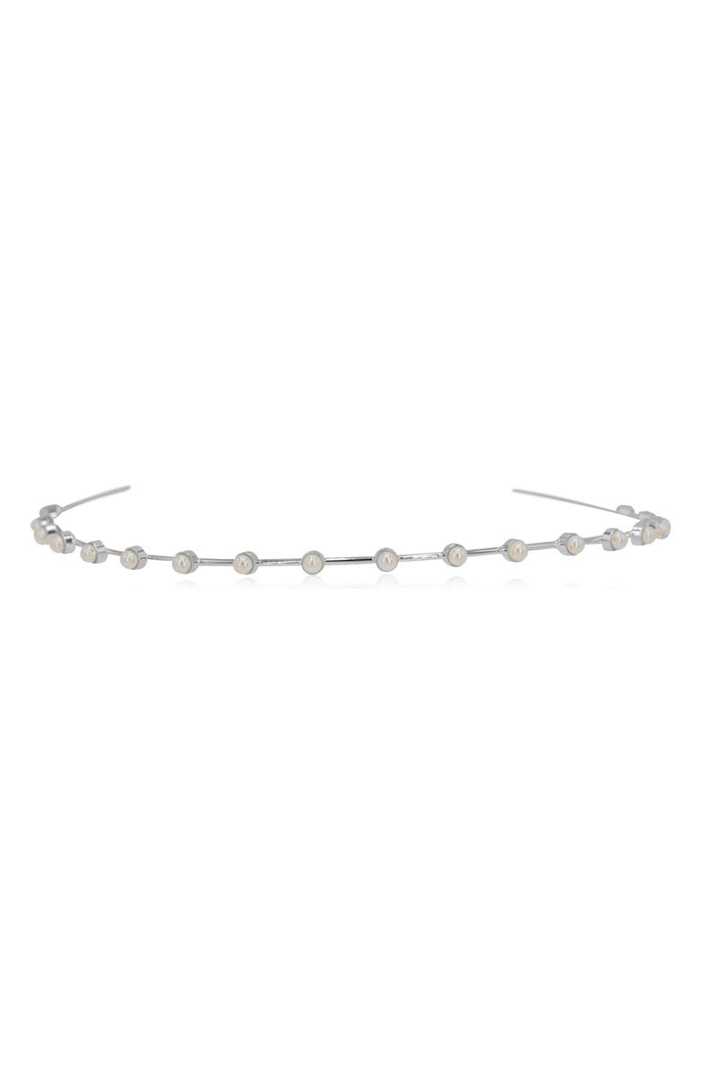 Brides & Hairpins Jayla Imitation Pearl Headband, Main, color, Silver
