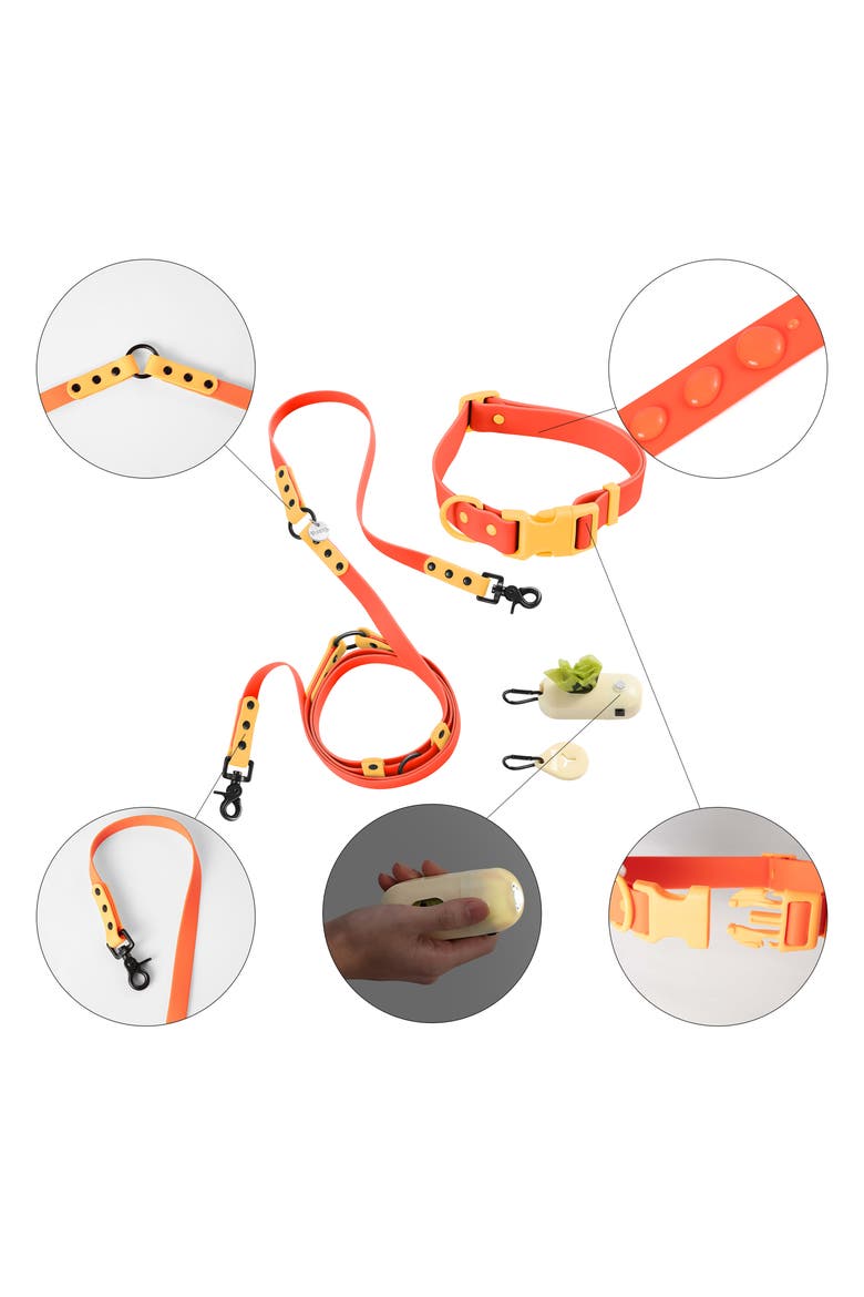 Luna Adjustable 6-in-1 Waterproof Hands-Free Leash and Collar with LED Flashlight, Bag Dispenser, and Poop Bag Holder, Alternate, color, Dark Orange/Light Orange
