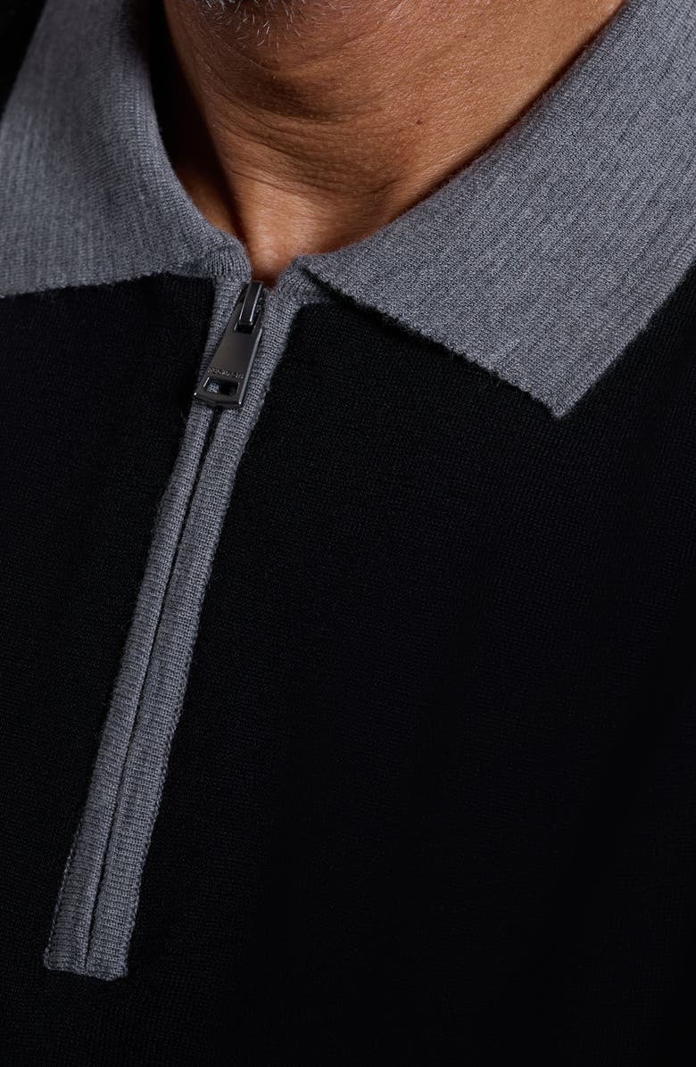 Bugatchi Long Sleeve Merino Wool Quarter Zip Polo Sweater, Alternate, color, Black
