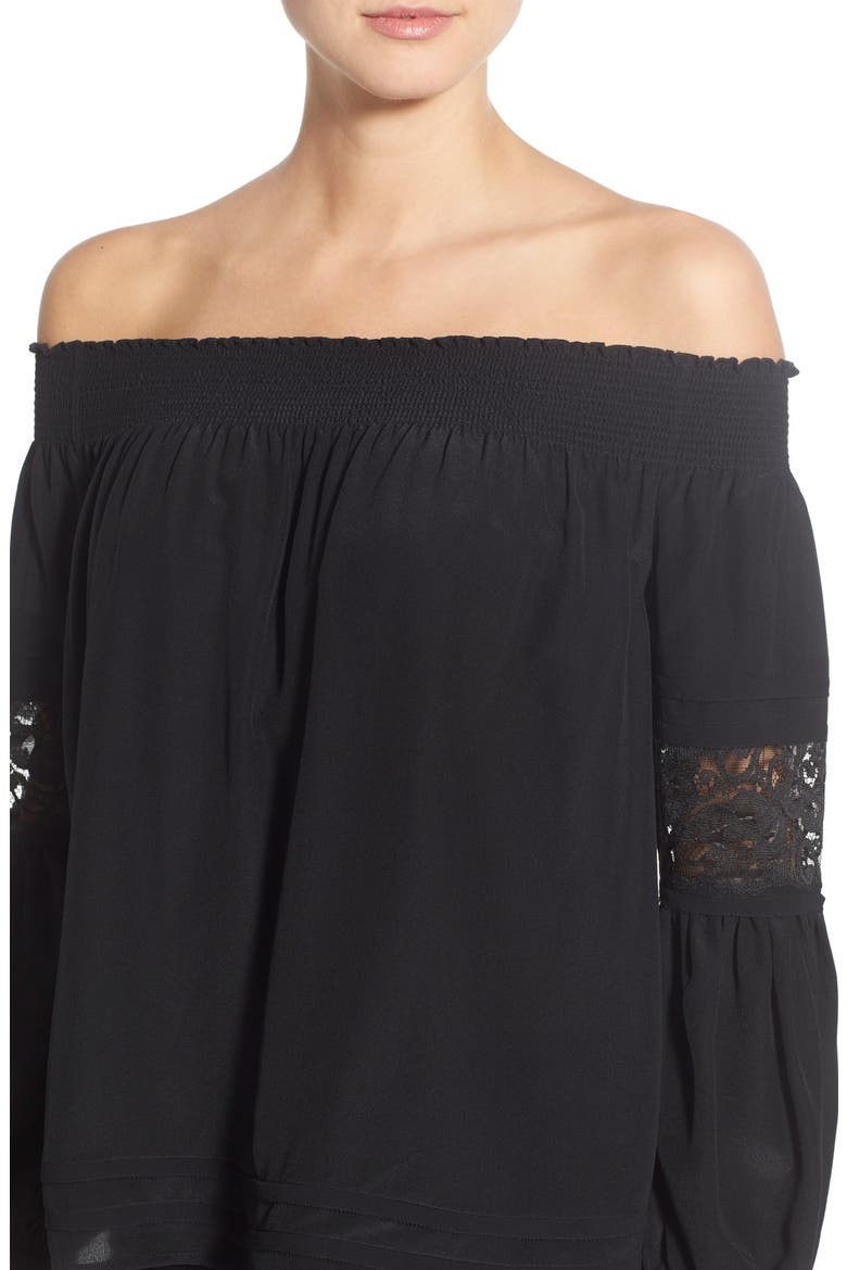 Olivia Palermo + Chelsea28 Silk Off the Shoulder Peasant Top, Alternate, color, BLACK