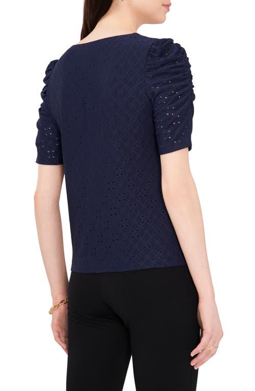 Chaus Eyelet Ruched Sleeve Top In Blue