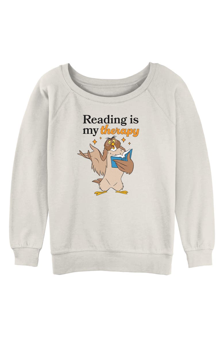 Junior's Owl Reading Is My Therapy Sweatshirt, Main, color, Egret