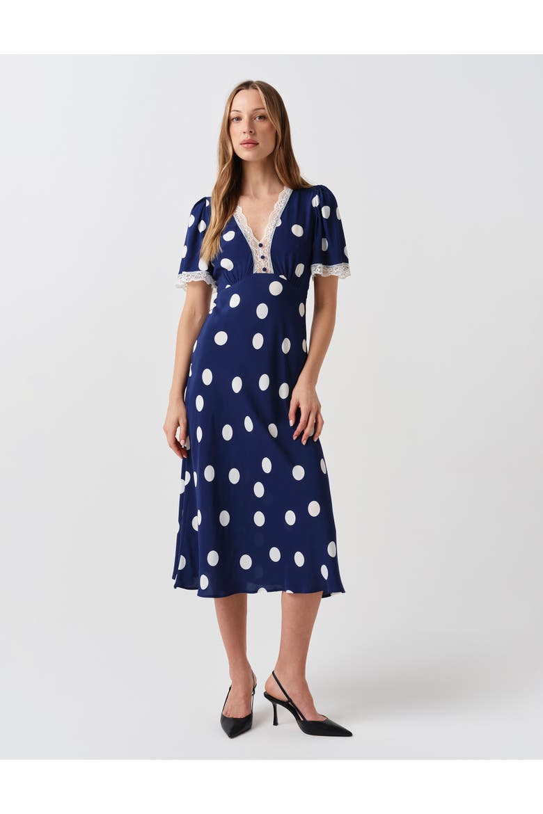 Belle Lace Crepe Midi Dress, Main, color, Navy Spot