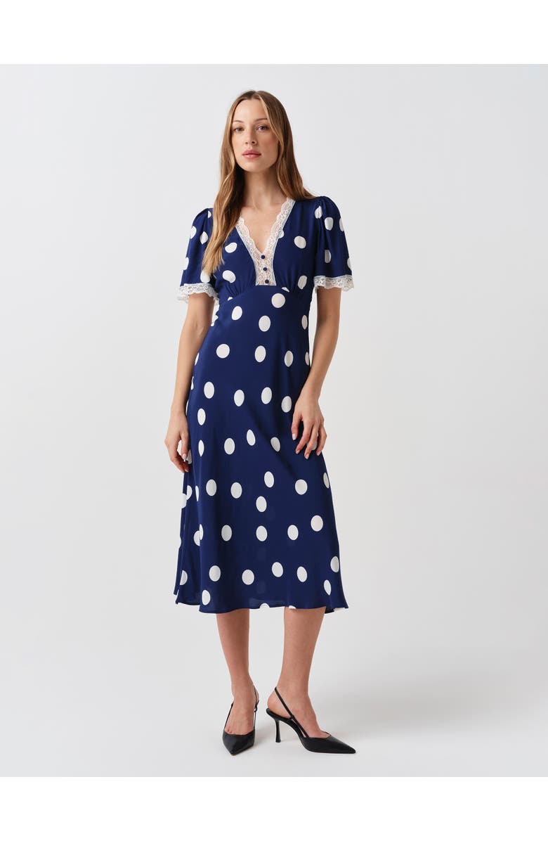 Ghost London Belle Lace Crepe Midi Dress, Main, color, Navy Spot