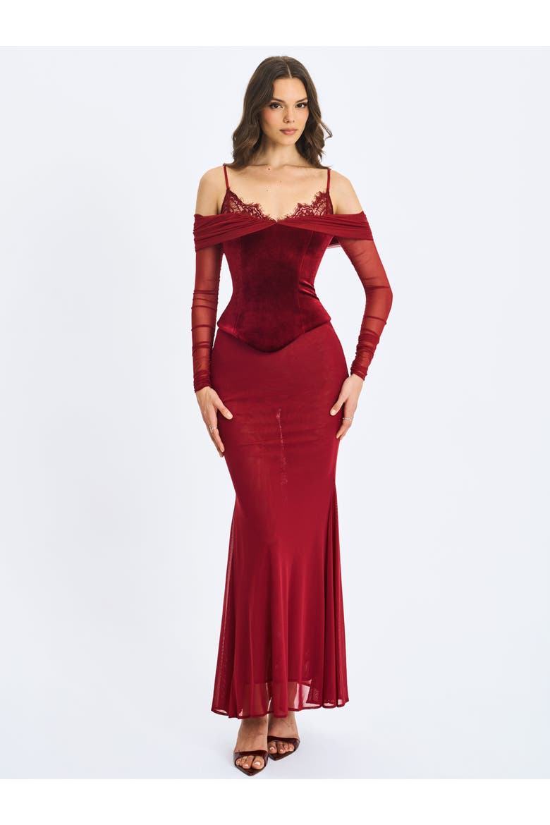 Maybelle Bardot Lace Strap Peplum Maxi Dress, Alternate, color, Magenta