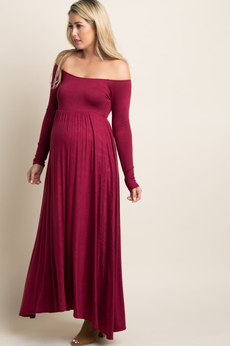 Solid Off Shoulder Maternity Maxi Dress, Alternate, color, Burgundy