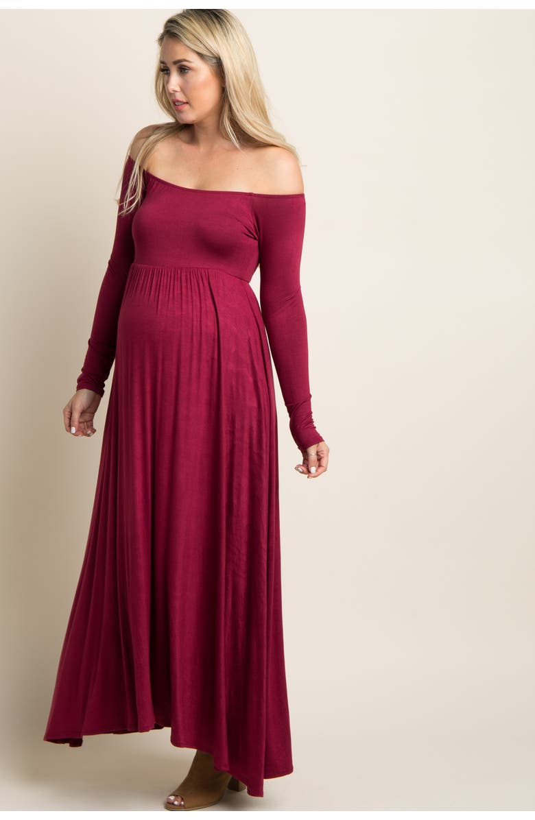 PinkBlush Solid Off Shoulder Maternity Maxi Dress, Alternate, color, Burgundy