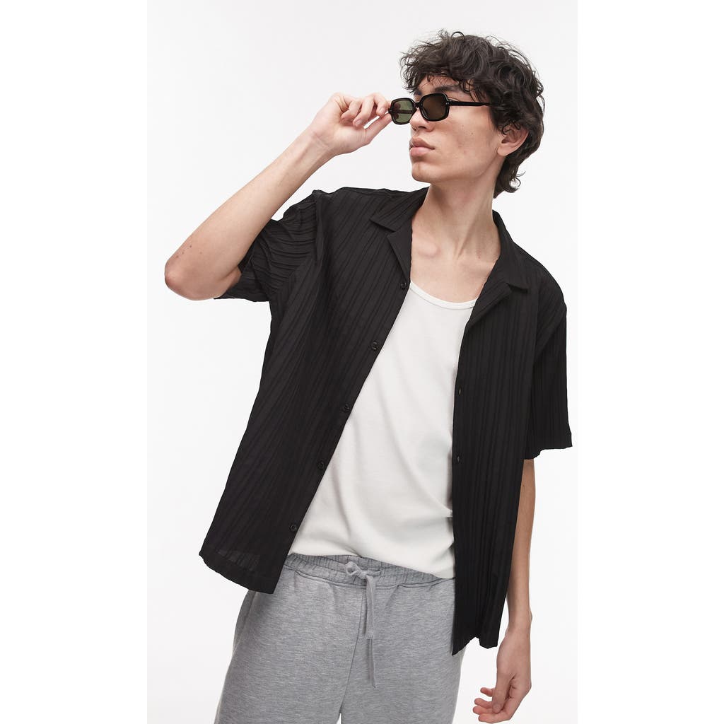 Topman Seersucker Zip-up Shirt In Black