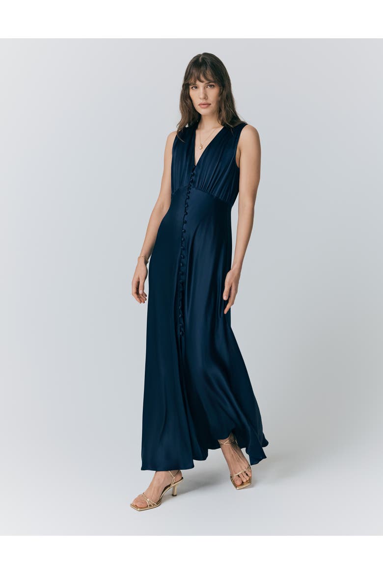 River V Neck Button Satin Maxi Dress, Alternate, color, Navy