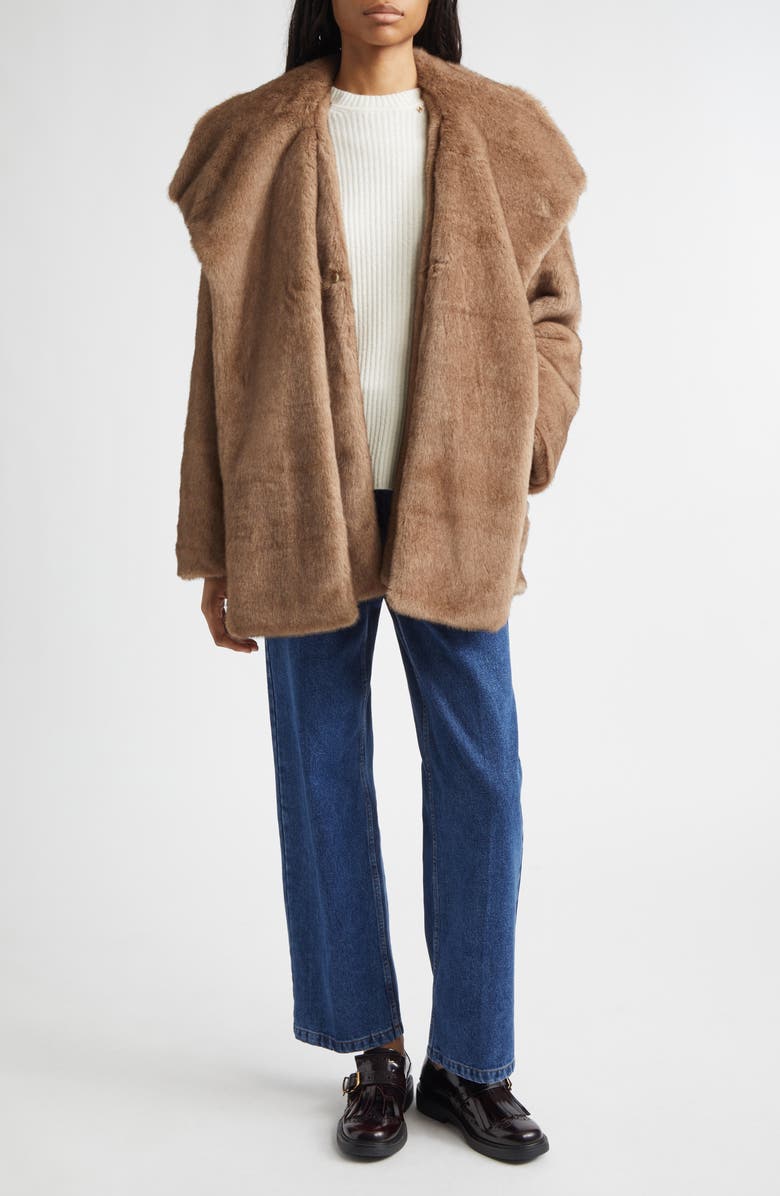 EENK Shawl Collar Faux Fur Jacket with Scarf Detail, Alternate, color, Beige Polyester