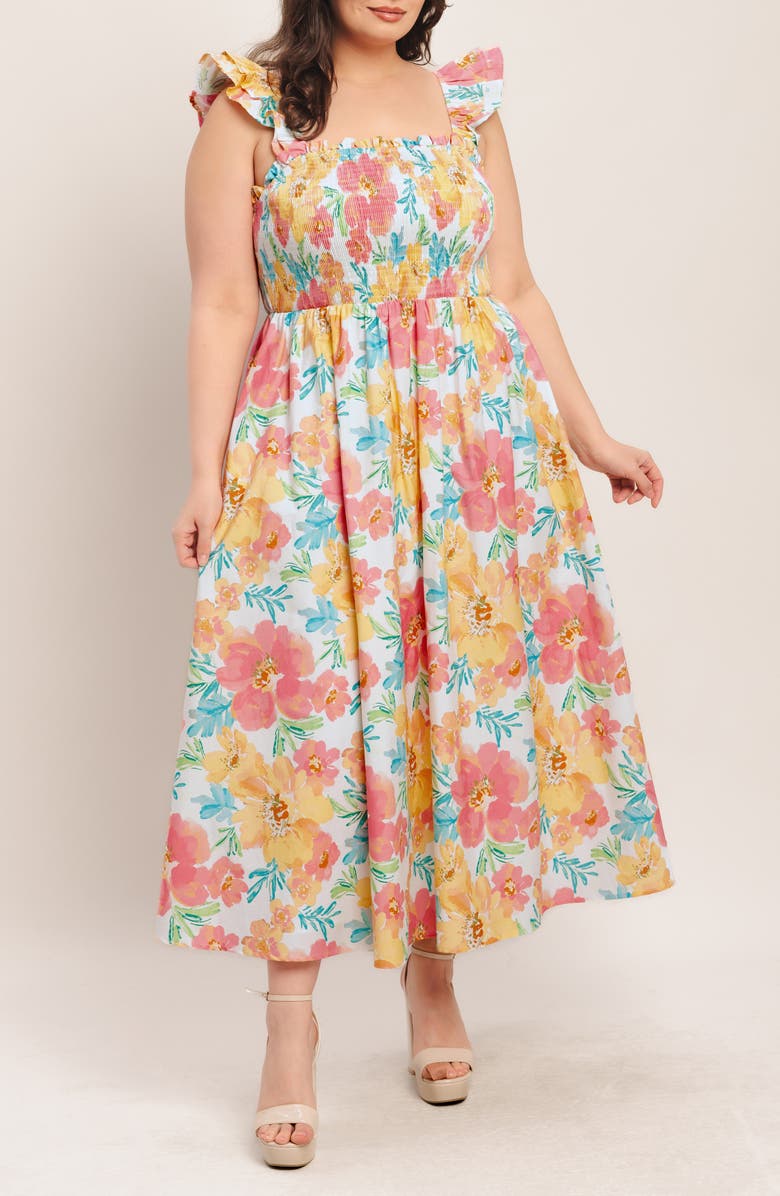 FLYING TOMATO Floral Ruffle Strap Cotton Fit & Flare Maxi Dress, Main, color, Multi Floral