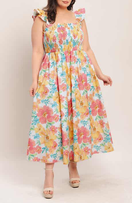 FLYING TOMATO Floral Ruffle Strap Cotton Fit & Flare Maxi Dress