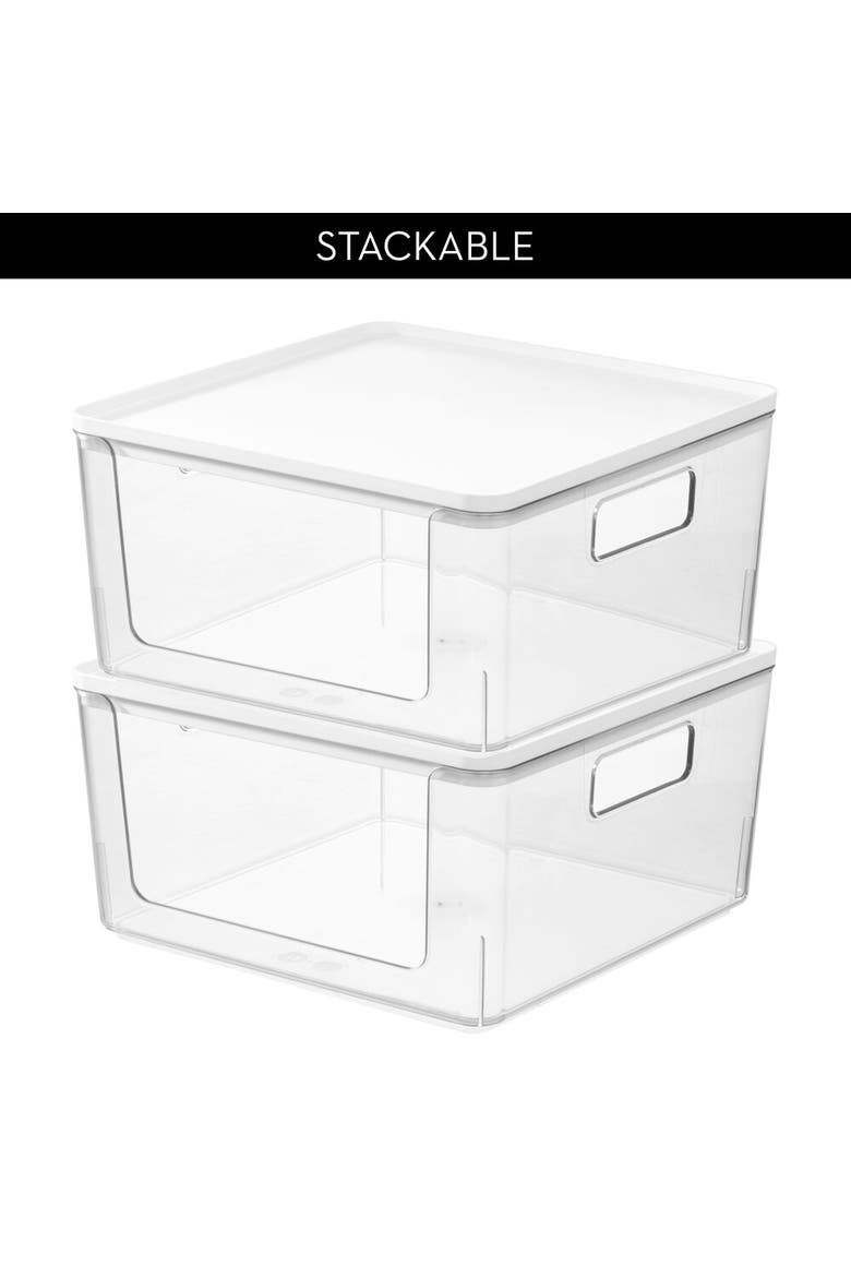 Stackable Open-Front Bins with Lid, Set of 3, Clear/White, Alternate, color, Clear