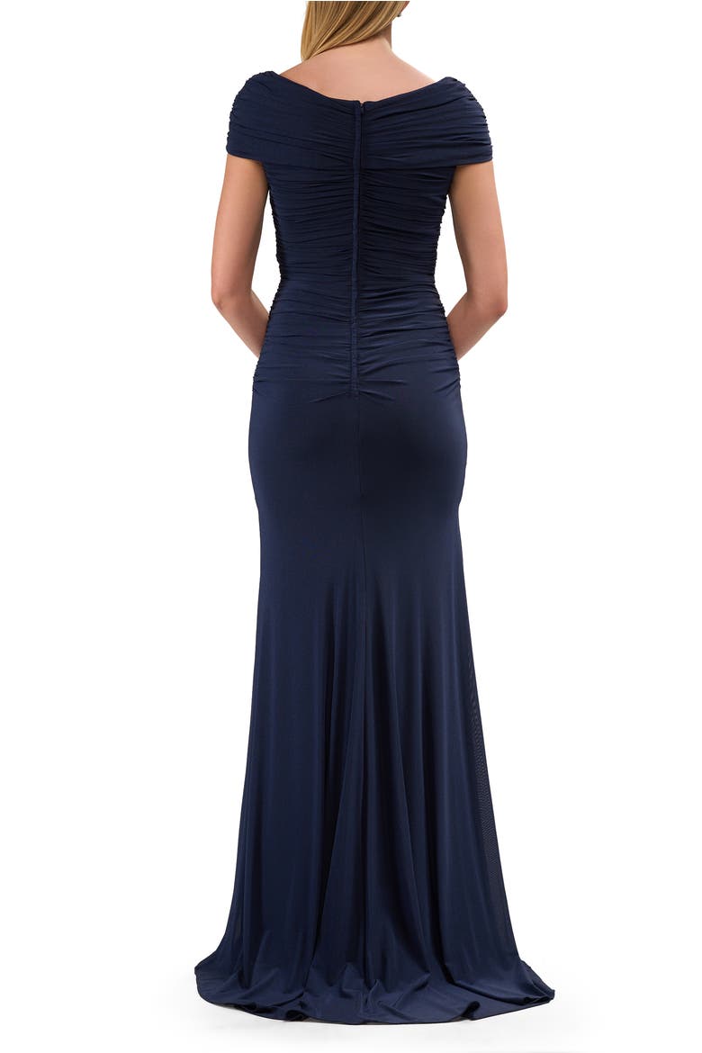 Off the Shoulder Ruched Net Jersey Evening Dress, Alternate, color, Navy