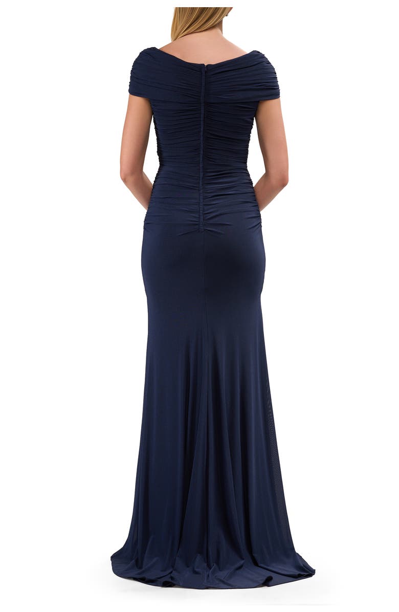 La Femme Off the Shoulder Ruched Net Jersey Evening Dress, Alternate, color, Navy
